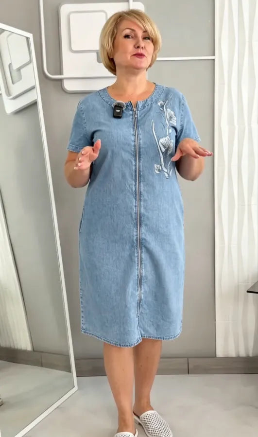 Floral Crystal Embellished Zip Front Denim Shift Midi Dress