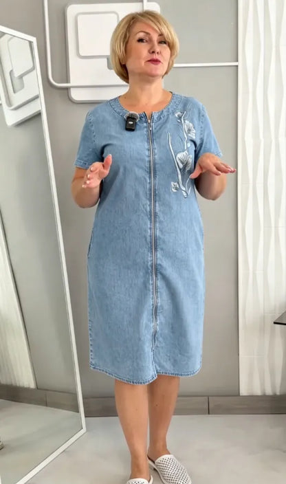 Floral Crystal Embellished Zip Front Denim Shift Midi Dress