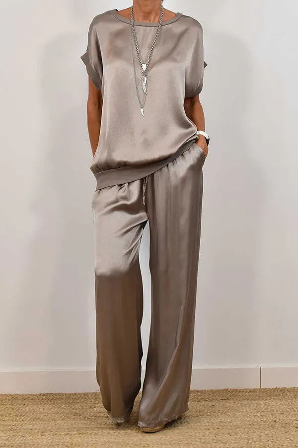 Satin Solid Color Loose Short-sleeved Top and Elastic Waist Lace-up Pocket Wide-leg Pants Set