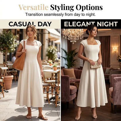 🔥 Last Day 49% OFF – Women Elegant Square Neck A Line Dress Slim Fit Long Dress