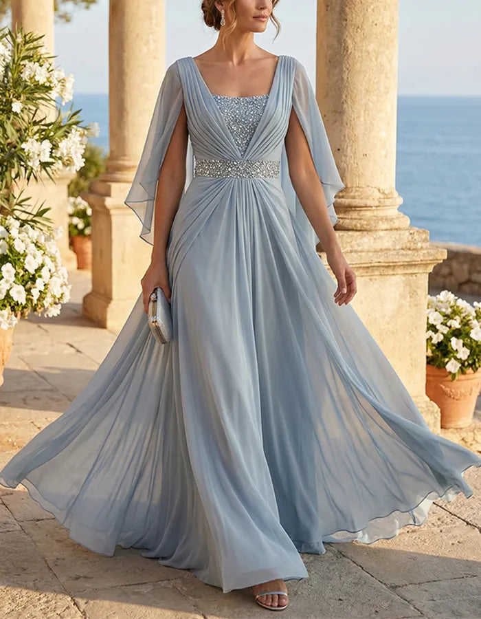 Women's Elegant V-Neck Sequin-Waist Chiffon Cape-Sleeve Maxi Dress