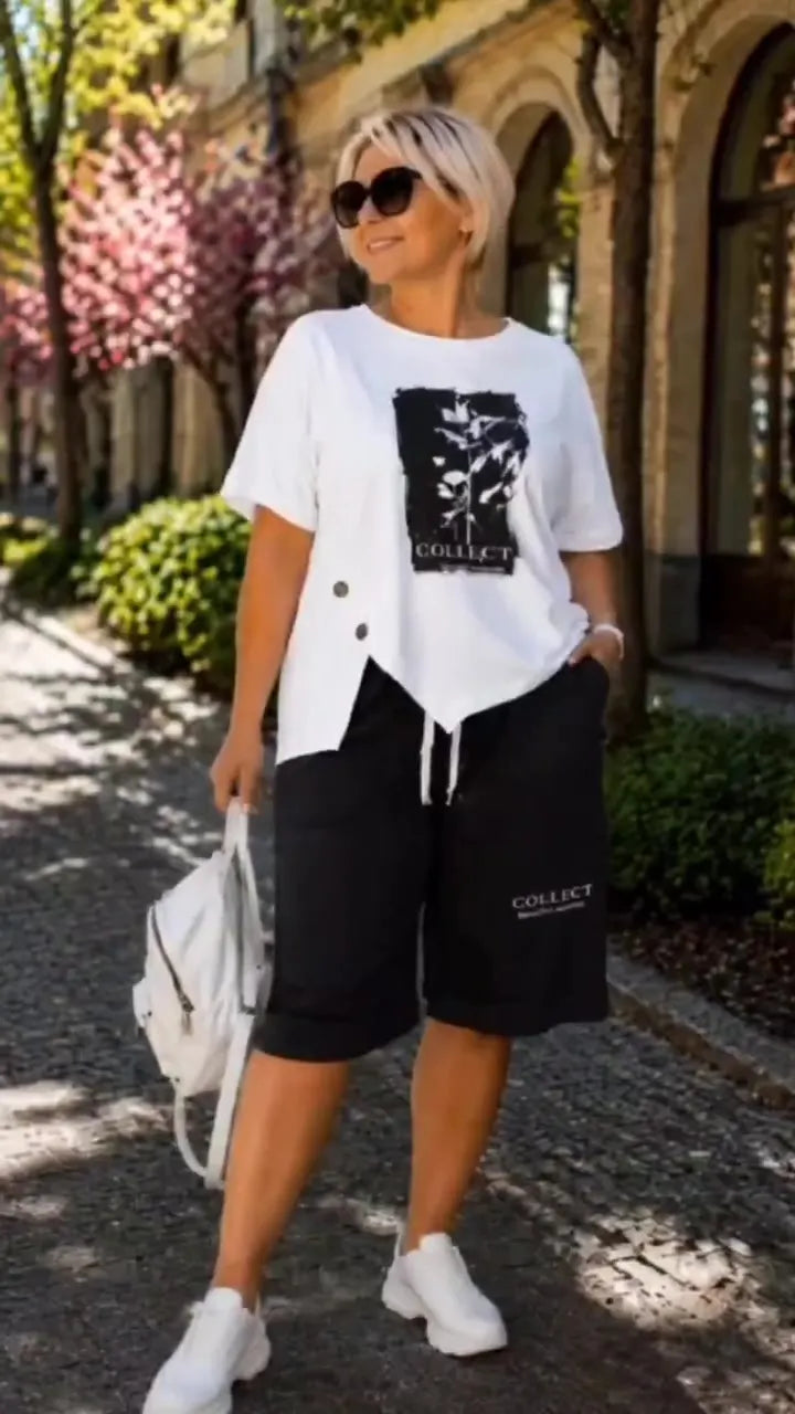 Women's Stylish Casual Printed Asymmetrical Top and Drawstring Knee-Length Shorts Two-Piece Set