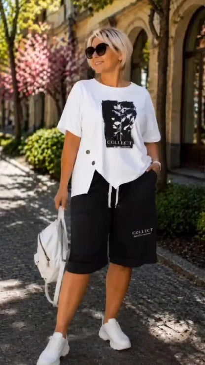 Women's Stylish Casual Printed Asymmetrical Top and Drawstring Knee-Length Shorts Two-Piece Set