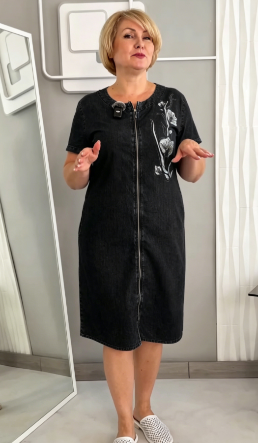 Floral Crystal Embellished Zip Front Denim Shift Midi Dress