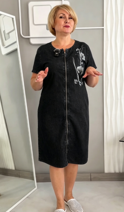 Floral Crystal Embellished Zip Front Denim Shift Midi Dress