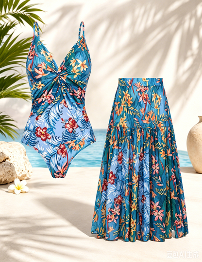 🌴 Women's One-Piece Swimsuit with Cover-Up Skirt