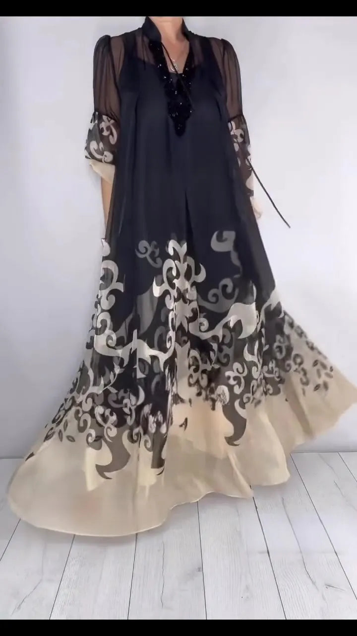 Printed Sheer Chiffon Two Piece Maxi Dress