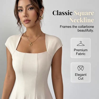🔥 Last Day 49% OFF – Women Elegant Square Neck A Line Dress Slim Fit Long Dress
