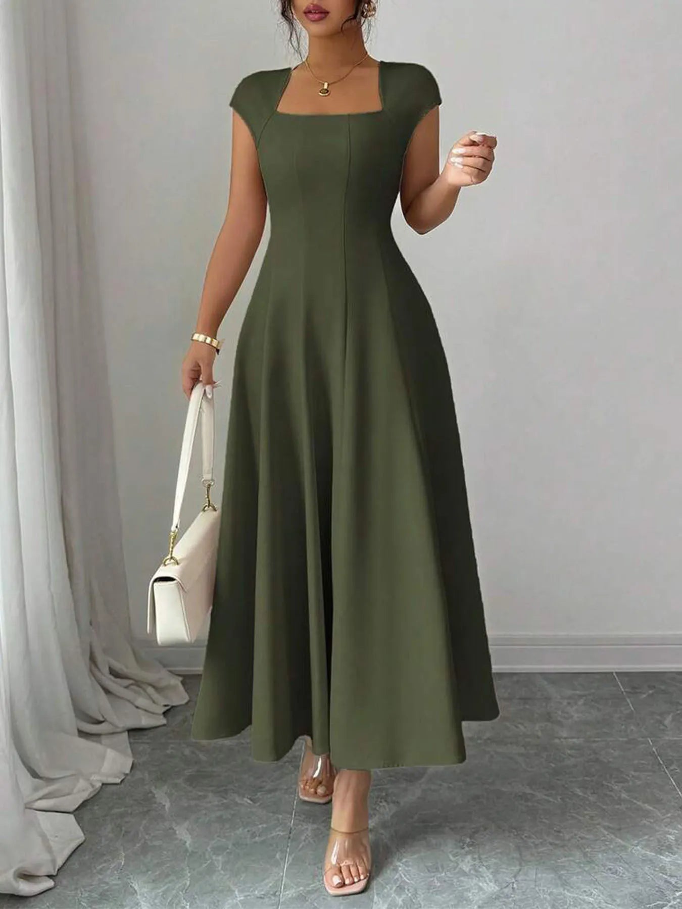 🔥 Last Day 49% OFF – Women Elegant Square Neck A Line Dress Slim Fit Long Dress