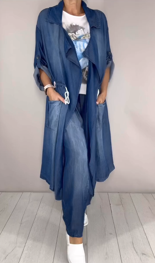 Three-piece set: Tencel denim collared drawstring-cuff harem pants, long cardigan, and printed T-shirt.