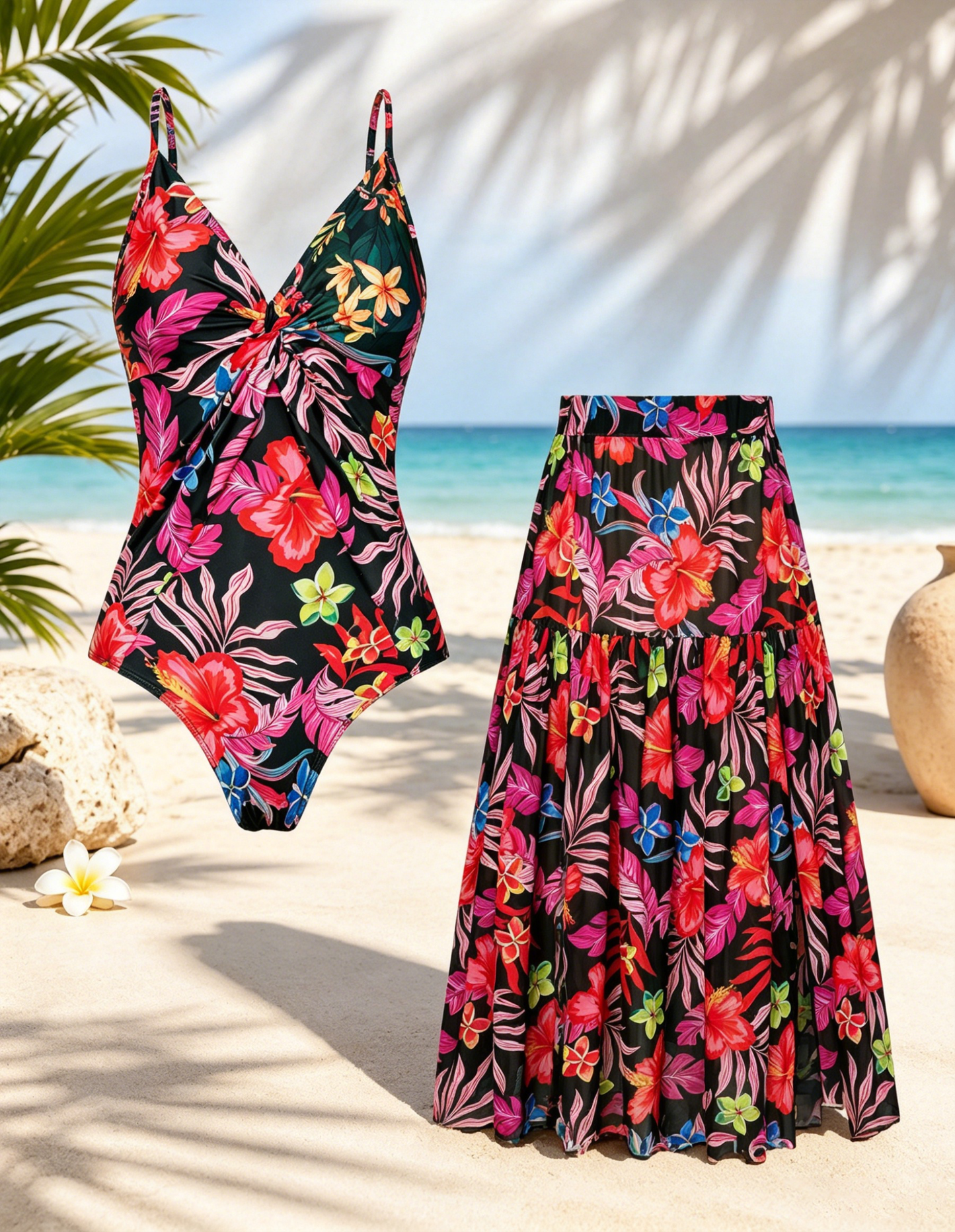 🌴 Women's One-Piece Swimsuit with Cover-Up Skirt