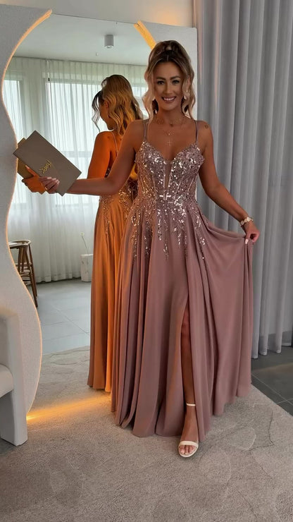 💎 Women's Elegant Sequin-Embroidered Waist-Defining Slit Dress