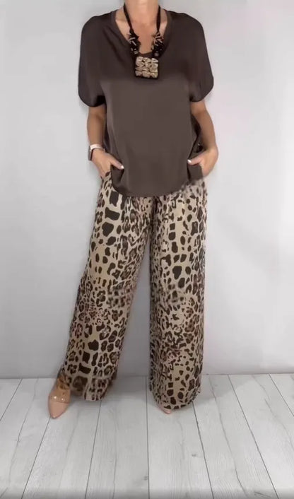 Stylish V-neck solid color top + leopard print chiffon breathable set