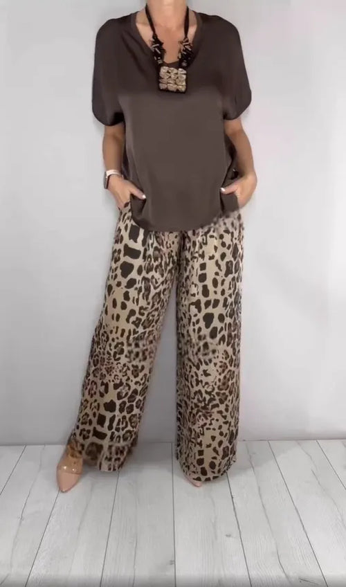 Stylish V-neck solid color top + leopard print chiffon breathable set