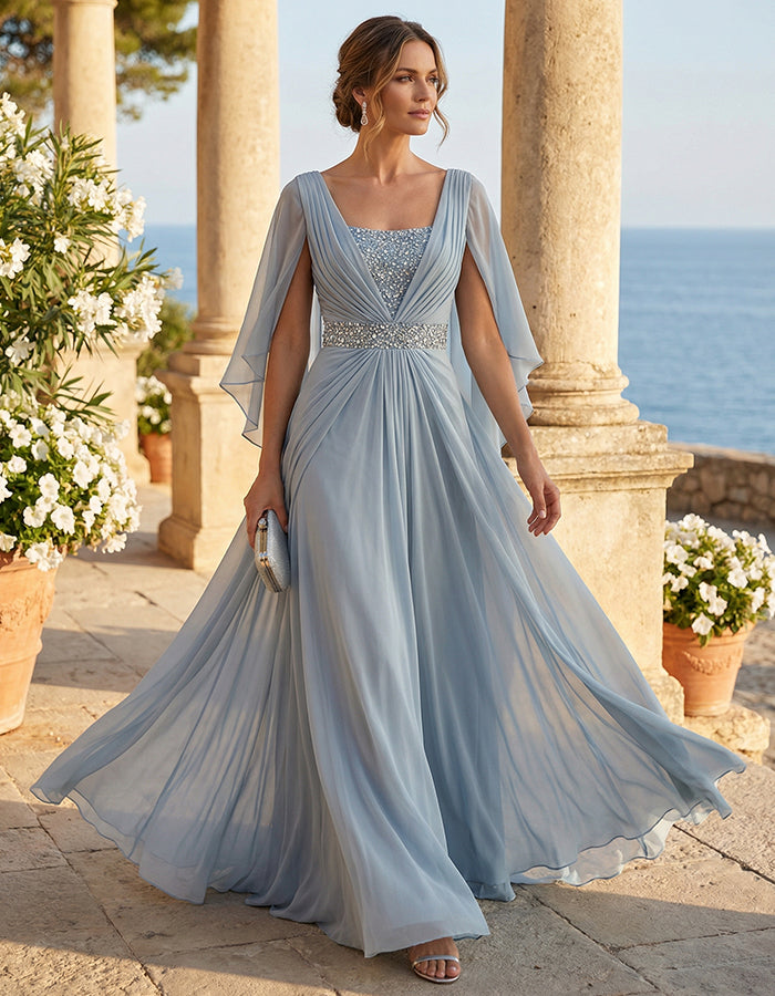 Women's Elegant V-Neck Sequin-Waist Chiffon Cape-Sleeve Maxi Dress