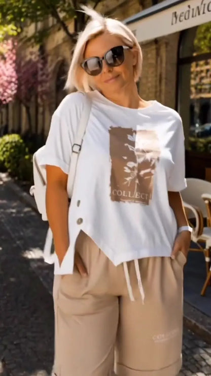 Women's Stylish Casual Printed Asymmetrical Top and Drawstring Knee-Length Shorts Two-Piece Set
