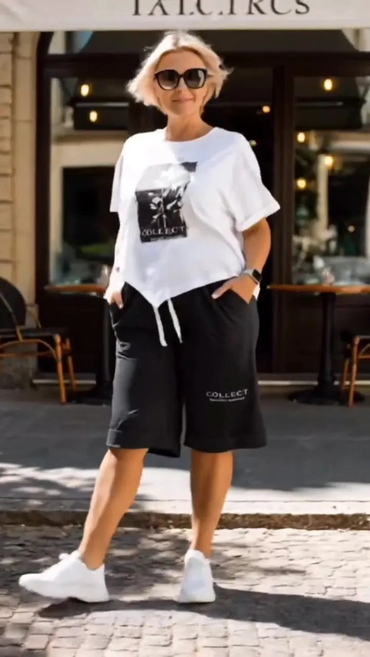 Women's Stylish Casual Printed Asymmetrical Top and Drawstring Knee-Length Shorts Two-Piece Set