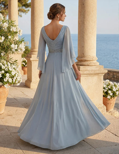 Women's Elegant V-Neck Sequin-Waist Chiffon Cape-Sleeve Maxi Dress