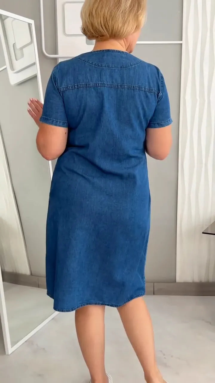 Floral Crystal Embellished Zip Front Denim Shift Midi Dress