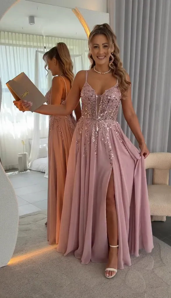 💎 Women's Elegant Sequin-Embroidered Waist-Defining Slit Dress