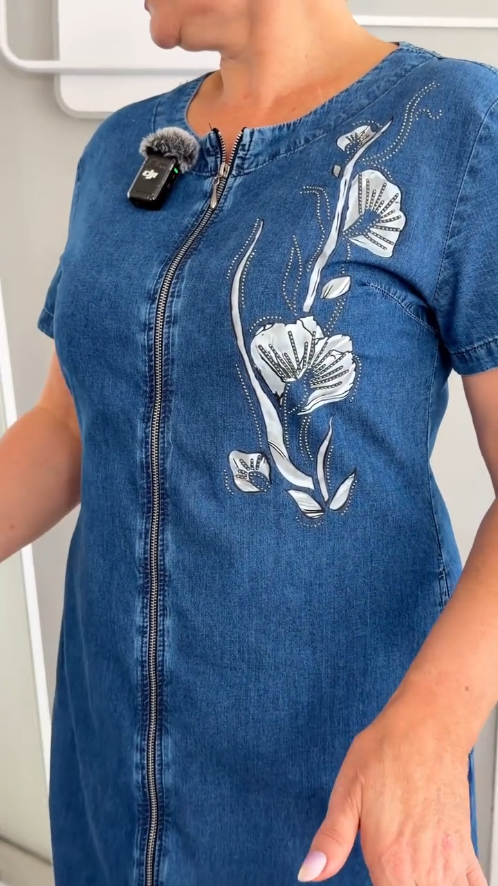 Floral Crystal Embellished Zip Front Denim Shift Midi Dress