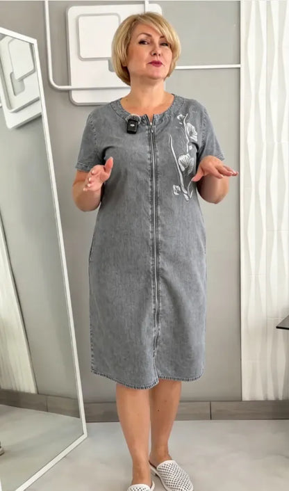 Floral Crystal Embellished Zip Front Denim Shift Midi Dress