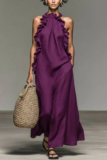 Linen Blend Halter Neck Ruffle Sleeveless Casual Loose Maxi Dress