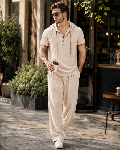🌾 Men's Casual Linen-Look Hooded 2-Piece Set
