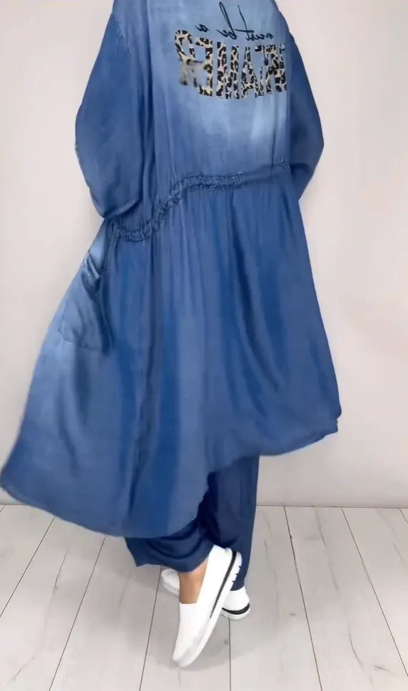 Three-piece set: Tencel denim collared drawstring-cuff harem pants, long cardigan, and printed T-shirt.