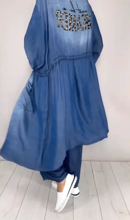 Three-piece set: Tencel denim collared drawstring-cuff harem pants, long cardigan, and printed T-shirt.