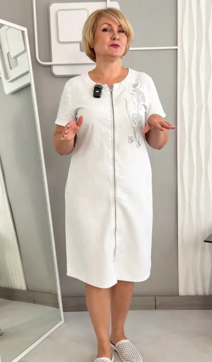 Floral Crystal Embellished Zip Front Denim Shift Midi Dress