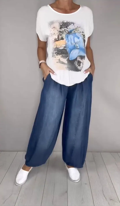 Three-piece set: Tencel denim collared drawstring-cuff harem pants, long cardigan, and printed T-shirt.