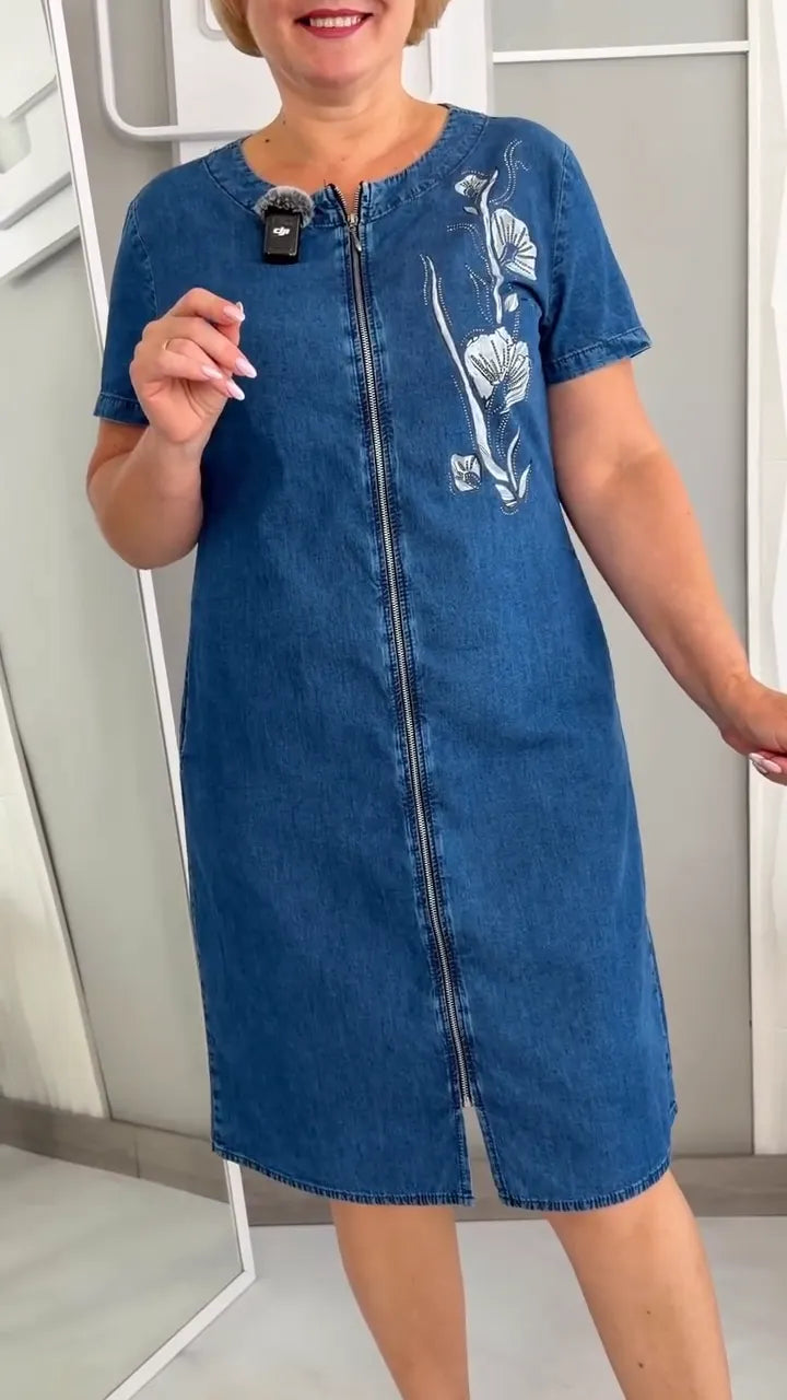 Floral Crystal Embellished Zip Front Denim Shift Midi Dress