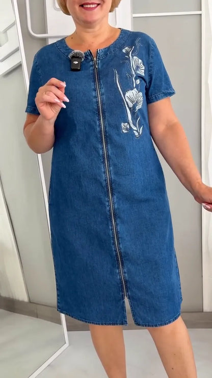 Floral Crystal Embellished Zip Front Denim Shift Midi Dress