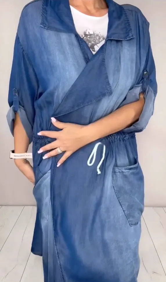 Three-piece set: Tencel denim collared drawstring-cuff harem pants, long cardigan, and printed T-shirt.