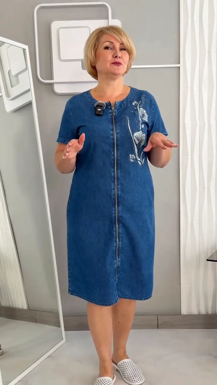 Floral Crystal Embellished Zip Front Denim Shift Midi Dress