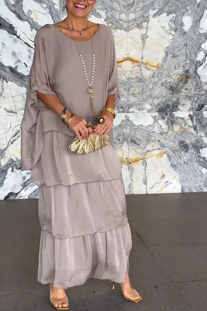 Solid Color Crew Neck Loose Tiered Maxi Dress