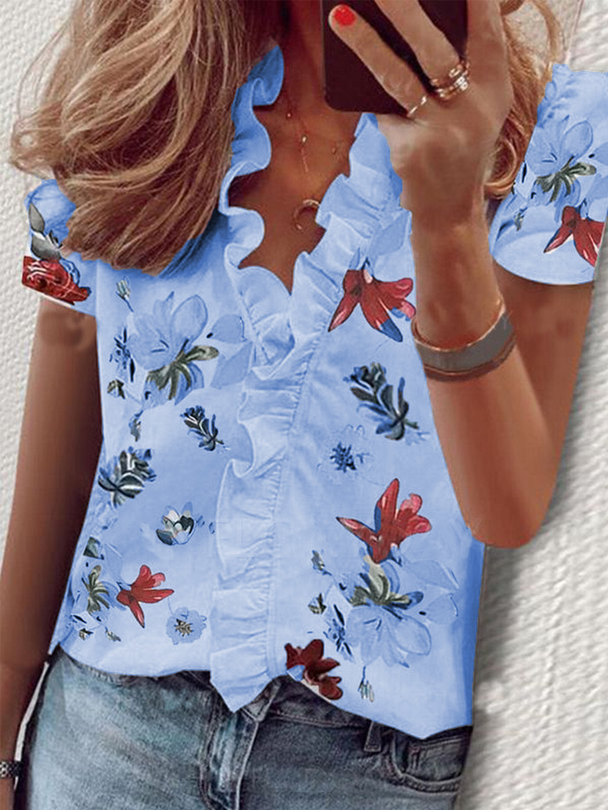 Short Sleeve-big flower blue