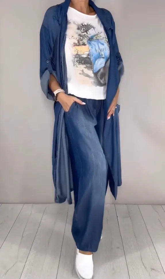 Three-piece set: Tencel denim collared drawstring-cuff harem pants, long cardigan, and printed T-shirt.