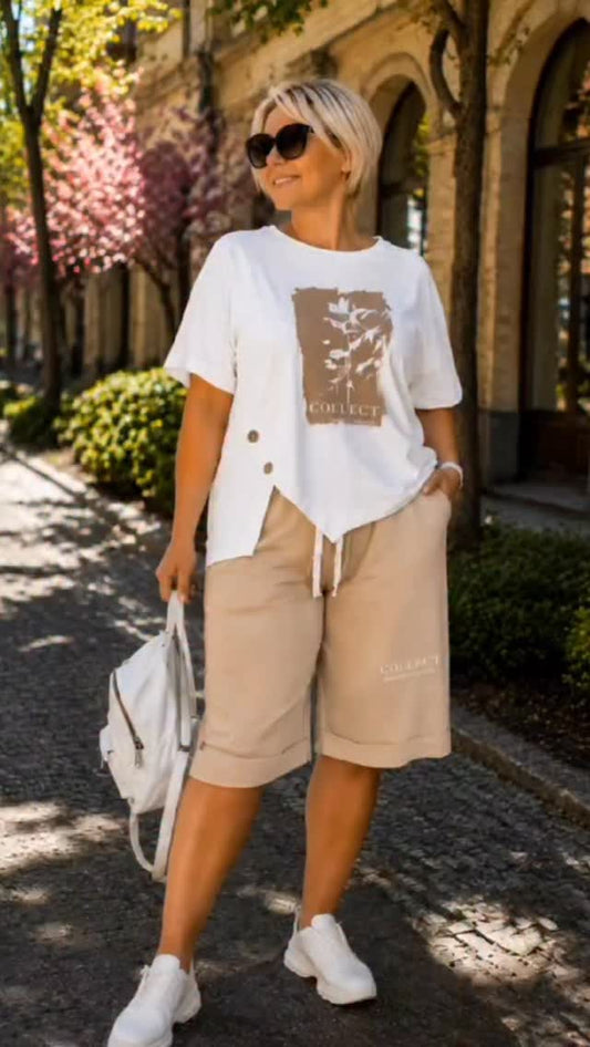 Women's Stylish Casual Printed Asymmetrical Top and Drawstring Knee-Length Shorts Two-Piece Set