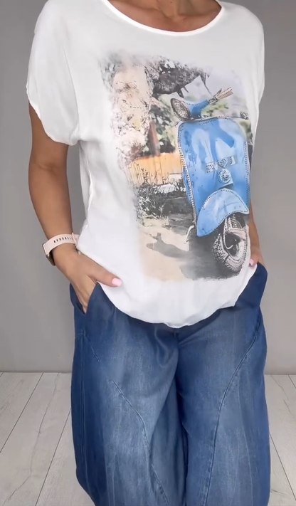 Three-piece set: Tencel denim collared drawstring-cuff harem pants, long cardigan, and printed T-shirt.